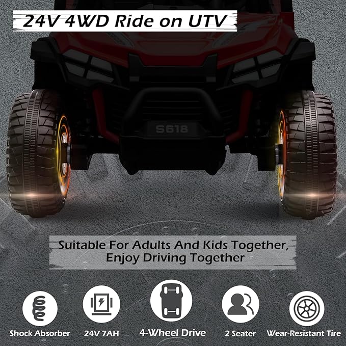 MOLACHI 24V 2 Seater Kids Ride on UTV Car,4WD Battery Powered Electric Vehicle for Kid,Ride On Truck with Remote Control,Safety Belts,3 Speeds,Bluetooth (Red)
