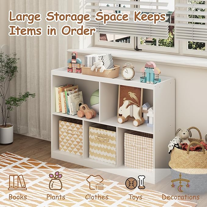 BRINJOY Toy Storage Organizer, 5-Section Kids Bookcase with Raised Edge, Children's Toy Shelf Cabinet for Playroom Bedroom Daycare Nursery School, Montessori Bookshelf for Boys & Girls (2-Tiers)