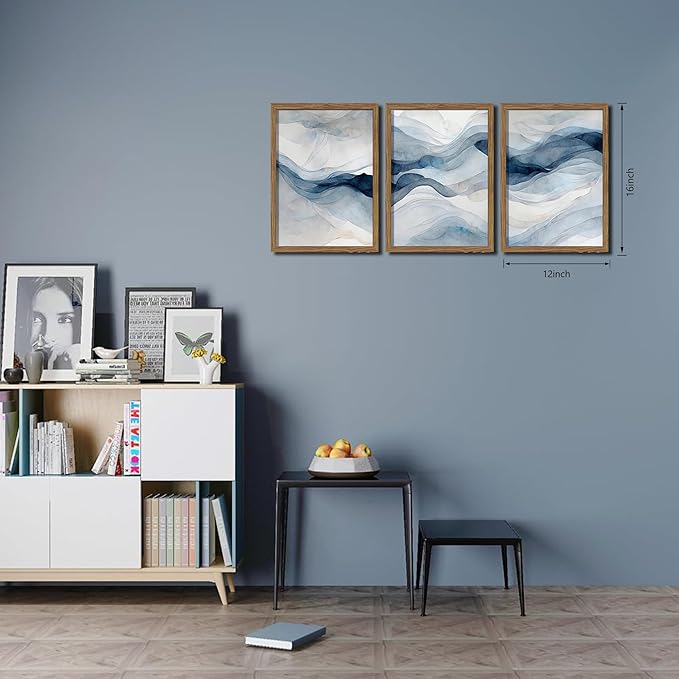 Blue Abstract Wall Art, Modern Navy Blue Abstract Canvas Wall Decor Paintings, Neutral Minimalist Texture Posters Prints Pictures for Living Room Bedroom Office Home Decor 12x16 Inch Wood Framed