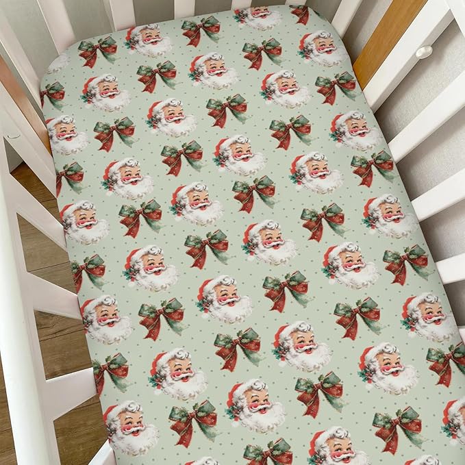 Vintage Merry Christmas Santa Bows Baby Crib Sheets for Boy Girl Retro Happy Santa Jolly Soft Snug Fitted Crib Mattress Covers Fit 52''x28'' Standard Crib & Toddler Mattress Winter Holiday Bed Sheets
