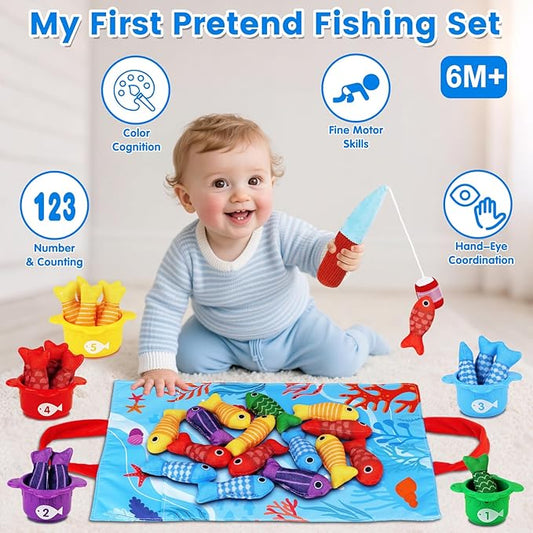 Montessori Toys for 1 Year Old Boy Girl Birthday Gift - Toddler Toys Cloth Fishing Game with Stacking Cups 1-3 - Number Counting Color Sorting Learning Baby Toy 12-18 Months