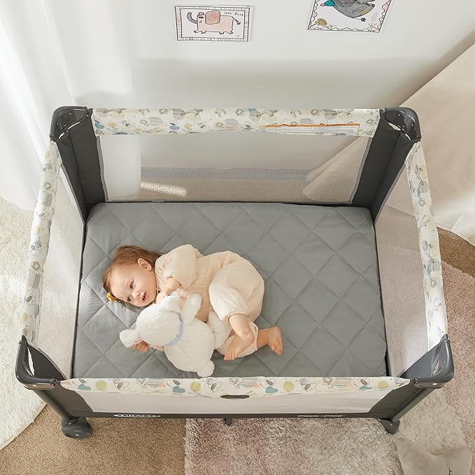 TILLYOU Pack and Play Sheet - Soft Quilted Crib Cover Pad, Toddlers Mattress Protector with 1''-3'' Deep Pocket, Thick Play Yard Playpen Sheets, Breathable Fluffy Crib Mattress Pad, 39"x27", Grey
