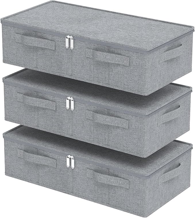 ENUMAIL Underbed Storage Box, Foldable Under Bed Bins Container, Fabric Closet Organizer with Lid, for Clothes, Sheets, Blankets, 23.6x11.8x5.9in, Grey, 3 Pack