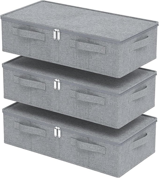 ENUMAIL Underbed Storage Box, Foldable Under Bed Bins Container, Fabric Closet Organizer with Lid, for Clothes, Sheets, Blankets, 23.6x11.8x5.9in, Grey, 3 Pack