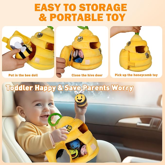Baby Toys 6-12 Months, Plush Beehive with 4 Sensory Bees, Map Pad, Rattle, Crinkle Paper, Squeaker, Mirror, Montessori Toy for 6 7 8 9 10 11 12 Month Old, Infant Toys Christmas Birthday Gift