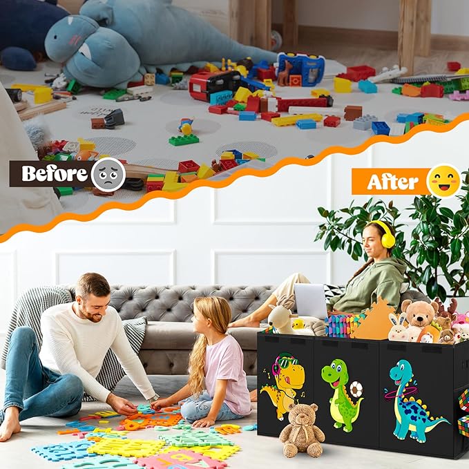 Beadsky Extra Large Toy Box, Collapsible Toddlers Toy Chest Kids Storage Organizer, Dinosaur Bin Boxes Storage Basket with Lids for Boys, Girls, Living Room, Nursery, Playroom, 40"x14"x16", Black