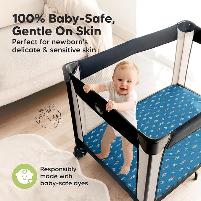 Pack and Play Sheets Fitted - 2-Pack Mini Crib Sheets for Pack N Play Mattress 38x26, Soft & Cozy, Neutral Toddler Playard Bedding, Snug Fitted Mini Baby Crib Mattress Cover Boy, Girl (Space Quest)
