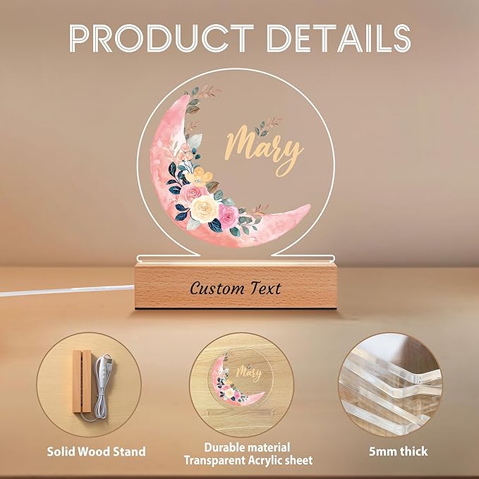 IOUMAM Personalized Baby Gifts for Kids, Custom Moon Flower Acrylic Plaque Name Night Light for Toddler, Unique Birthday Newborn Baby Shower Gifts for Boys Girls Nursery Bedroom Room Decor