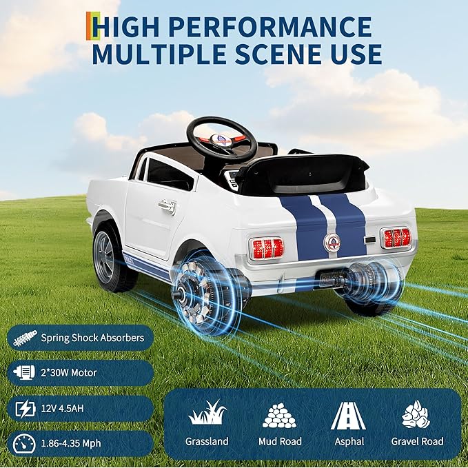 12V Ride on Car for Kids, Licensed Shelby GT350 Electric Toy with Parent Remote Control, 3 Speeds, LED Headlights, Music & Safety Belt for Toddlers
