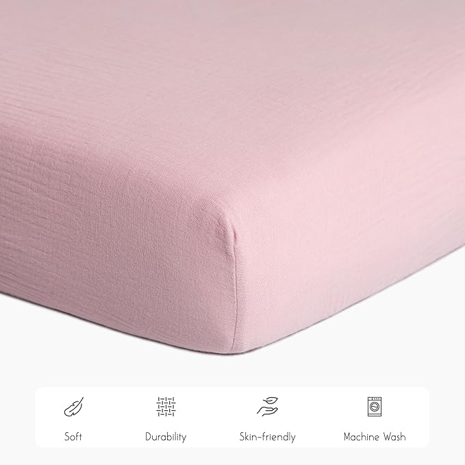 Meracorallo Muslin Crib Sheet, 100% Cotton Fitted Crib Sheet 28x52 Soft and Breathable Baby Boys Girls Cover for Standard Crib and Toddler Mattresses, Pink