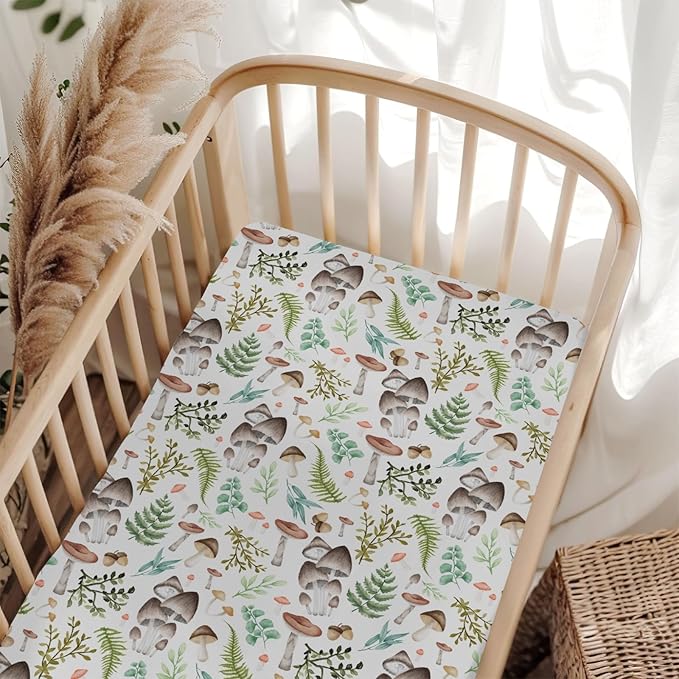 Vintage Mushroom Baby Crib Sheets for Boy Girl 52x28Inch Colorful Mushrooms Leaves Soft Snug Fitted Crib Mattress Cover Magical Plant Baby Sheet for Standard Crib & Toddler Bed Mattress