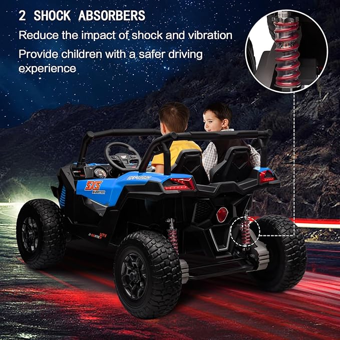 MOLACHI Kids Ride on Car, 24V Children Electric Cars with EVA Wheels, 4WD Kid Remote Control Vehicle, 3 Speeds, LED Lights, 2 Adjustable Seater, 4 Shock Absorbers, Bluetooth, Music & Horn -Blue