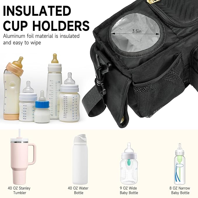 Universal Stroller Organizer with Insulated Cup Holder,Stroller Caddy Bag with Wet Wipes Pocket,Stroller Accessories Fits for Uppababy,Doona,Jogger,Britax,Mompush,BoB Strollers,Black