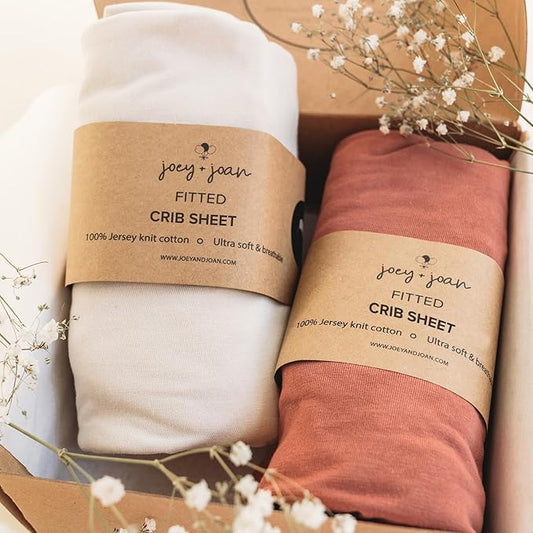Joey + Joan Fitted Crib Sheets 28 x 52 – Compatible with Standard Crib Mattress and Toddler Bed – 100% Jersey Cotton – Beige + Rusty Brown – 2 Pack
