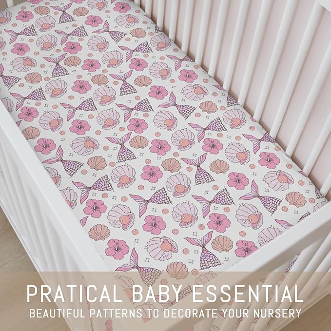 Pink Summer Mermaids Seashells Floral Baby Crib Sheets for Girls Boho Neutral Conch Pearls Soft Snug Fitted Crib Mattress Covers for 52''x28'' Standard Crib & Toddler Mattress Sea Beach Bed Sheets