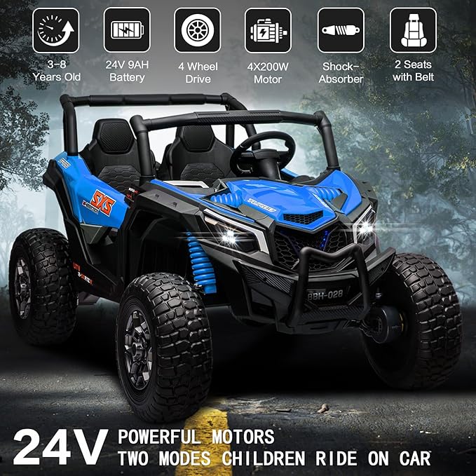 MOLACHI Kids Ride on Car, 24V Children Electric Cars with EVA Wheels, 4WD Kid Remote Control Vehicle, 3 Speeds, LED Lights, 2 Adjustable Seater, 4 Shock Absorbers, Bluetooth, Music & Horn -Blue