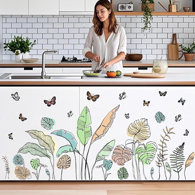 Palm Leaves Wall Decals Boho Tropical Leaves Wall Sticker Removable Green Plant Leaf Walls Decal Peel and Stick Tropical Leave Butterflies Vinyl Art Mural for Bedroom Living Room TV Background Decor