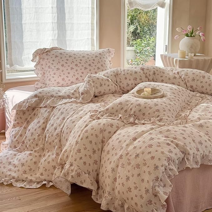 BuLuTu 2 Layers Muslin Cotton Duvet Cover for Full Bed, Chic Ruffles Tuberose Floral Pattern Comforter Cover Twin Children Bedding Quilt Covers, No Pillow Case, Zipper Cloruse, 4 Ties