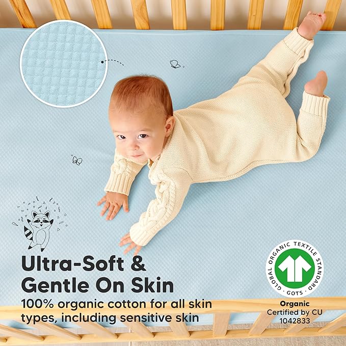 2-Pack Waterproof Crib Mattress Protector Cover Fitted - Quiet Baby Crib Mattress Pad Sheets, 52" x 28" Soft Quilted Cotton Baby Sheet, Machine Washable, Easy Fit, Durable (Glacier/Quin)