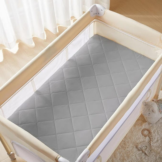 TILLYOU Pack and Play Sheet - Soft Quilted Crib Cover Pad, Toddlers Mattress Protector with 1''-3'' Deep Pocket, Thick Play Yard Playpen Sheets, Crib Mattress Pad 39"x27", Medium Grey