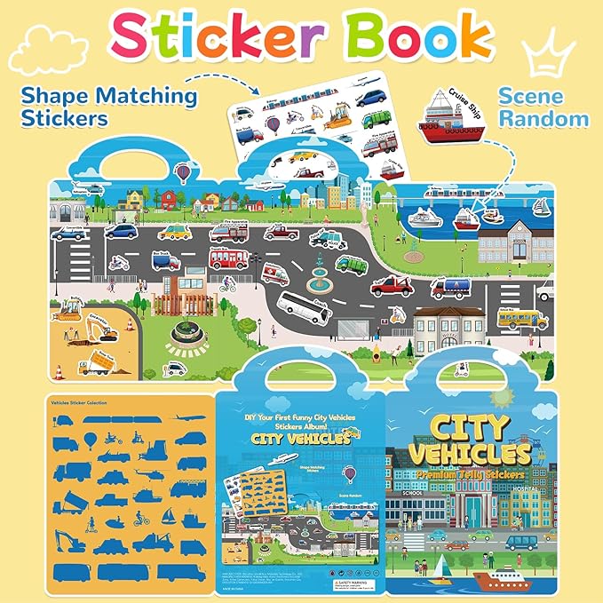 Reusable Sticker Book for Toddlers 3-6, Jelly Stickers for Kids, Sticker Activity Book Travel Toys for Road Trip, Car & Airplane, Educational Learning Gifts for Boys and Girls (Vehicles Cars Theme)