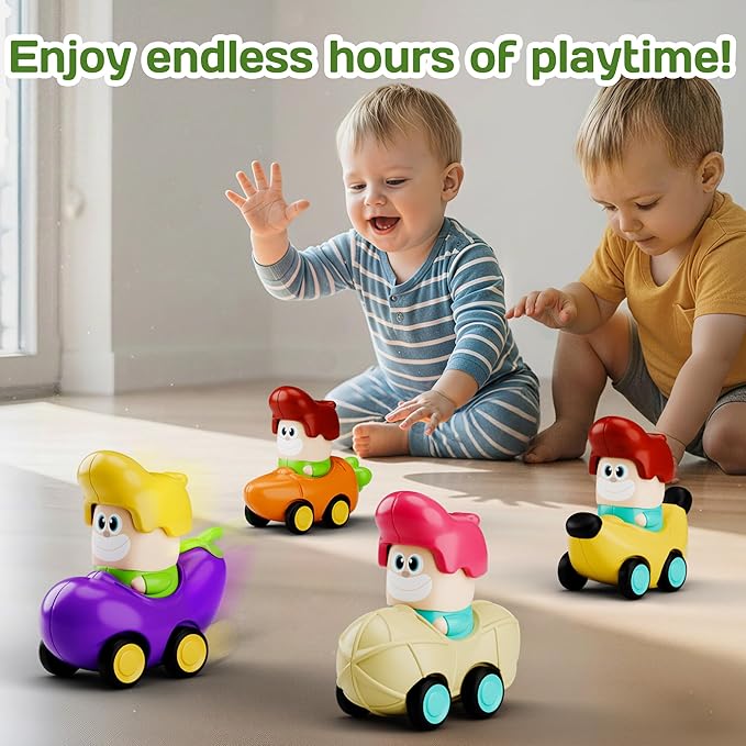 iPlay, iLearn 6PCS Press to Go Car Toys for Toddlers 1-3, Baby Push Go Racing Cars, Infant Fruit Vegetable Vehicle Set for 18 24 Month, Baby Birthday Stocking Gifts for 1-2 Years Old Boys Girls Kids