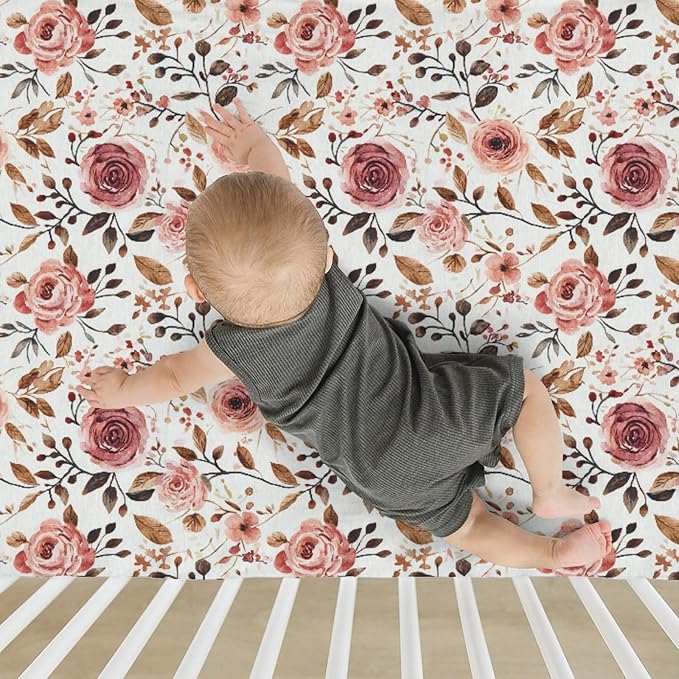 Vintage Wild Flowers Baby Crib Sheets for Boy Girl 52"x28" Retro Plant Soft Stretchy Fitted Crib Mattress Cover Spring Summer Baby Sheet for Standard Crib & Toddler Mattress Pad