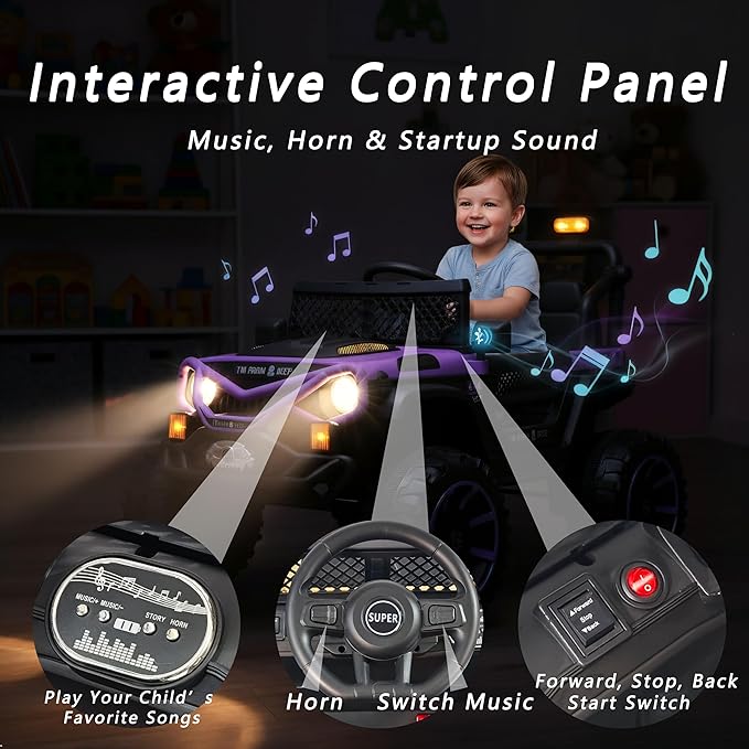 12V Kids Ride On Jeep-Style Car with Remote Control, Bluetooth Music & Stories, LED Headlights, Shock Absorption, Double Doors with Lock, Safe Speed, Battery Powered Electric Vehicle for Boys & Girls