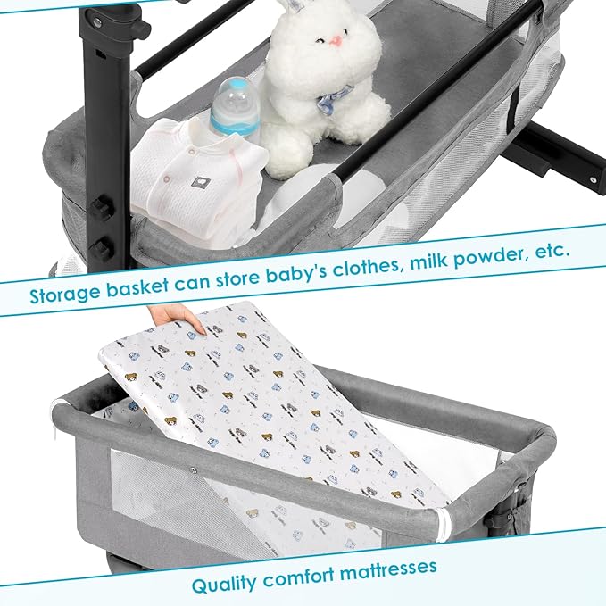 Baby Bassinet, Baby Basinet Bedside Sleeper, Easy to Fold Portable Crib Side Bassinet 2025new Style Girl/boy bassinets(Light Grey)
