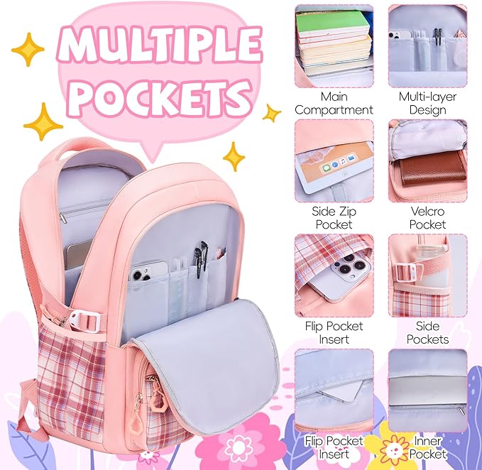 Aulenge Kids Backpack for Girls Cute Teen School Backpack Ages 8-12 with Pencil Case Set Kawaii Stitch Pink School Bookbags with Multiple Pockets for Primary & Middle School Students