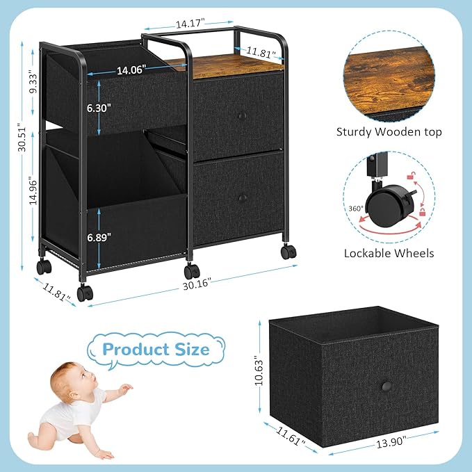 Baby Diaper Caddy Organizer Cart, Bedside Cart for Baby Essentials, Nursing Storage with Drawers and Lockable Wheels, Baby Organizers and Storage for Bedroom, Living room, Bathroom