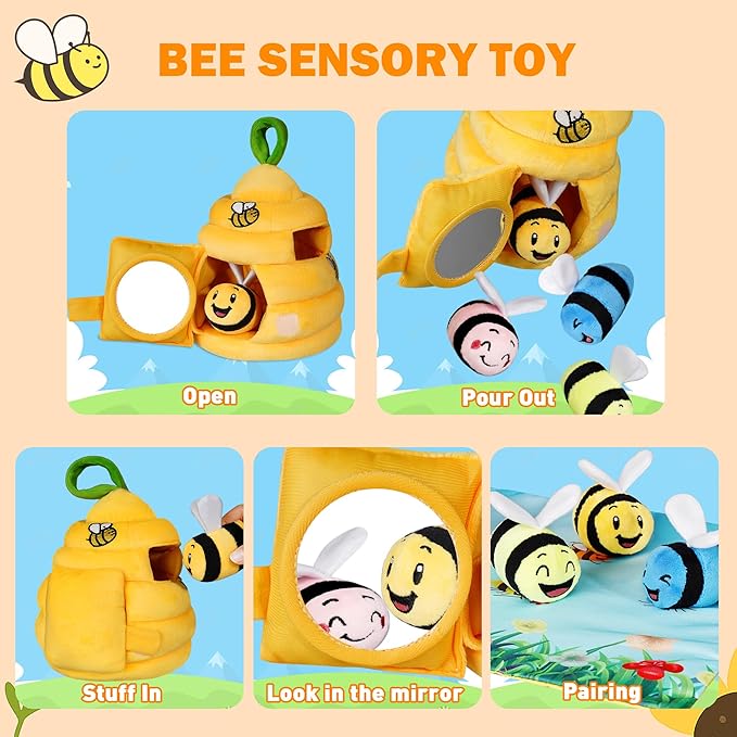 Baby Toys 6-12 Months, Plush Beehive with 4 Sensory Bees, Map Pad, Rattle, Crinkle Paper, Squeaker, Mirror, Montessori Toy for 6 7 8 9 10 11 12 Month Old, Infant Toys Christmas Birthday Gift