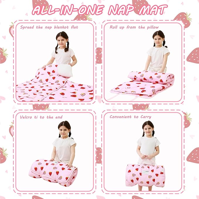 Toddler Nap Mat with Pillow and Blanket, Extra Large Rolled Napping Mats,Slumber Bags for Boys Girls,Kids Sleeping Bag for Daycare, Preschool Travel Camping