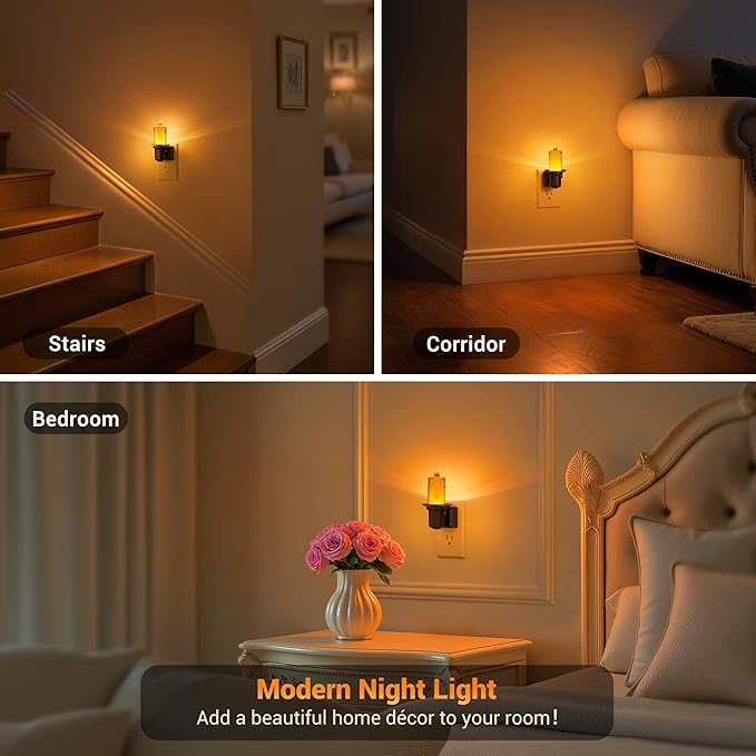 JandCase Night Lights Plug into Wall, 2 Pack Flameless Candle Night Light, 2000K Amber, Dusk to Dawn Sensor Nightlight, 0-100LM Dimmable Nightlight for Dinning Room, Living Room, Bathroom, Hallway