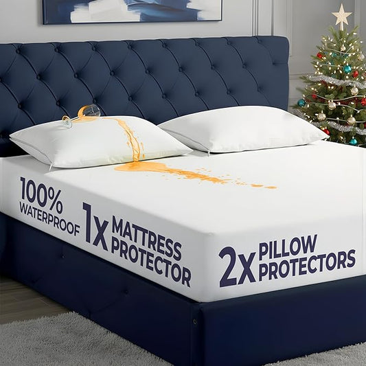 Utopia Bedding Waterproof Mattress Protector Set, King Sheet Set Deep Pocket Soft and Breathable, Includes 1 Fitted Style Mattress Cover and 2 Zippered Pillow Protectors