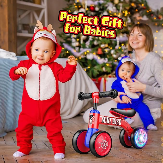 Baby Balance Bike 1 2 Year Old: Spider Baby Bike for 10-24 Month with Light & 4 Wheels Babies Boy Gifts Toddler First Riding on Toys First Christmas Birthday Gift for 1+ Year Old Boy & Girl