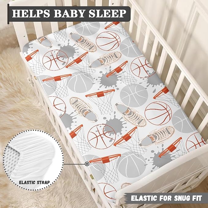 Basketball Fitted Crib Sheet for Boys Girls Balls Sports Baby Sheet for Standard Crib and Toddler Sneakers Basketball Frames Nursery Bed Mattress Sheets 28"x52"