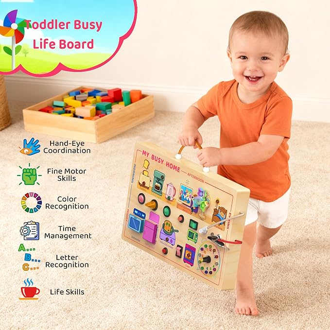 My Busy Home Montessori Busy Board for Toddlers 1-3 - Wooden Sensory Activity Board with Kitchen Appliances, Switches, Clock | Educational Fine Motor Skill Toy for 1+ Year Old Boys Girls