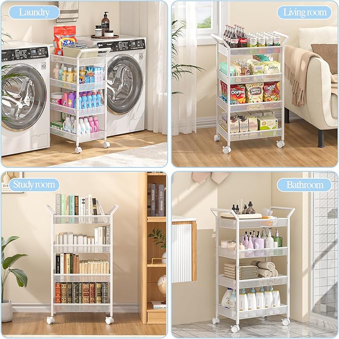 3IngSeagulls Baby Diaper Caddy Cart, 4-Tier Diaper Caddy Organizer and Storage, Rolling Utility Cart for Baby Supplies, Diaper Cart with Wheels for Bedroom, Nursery, Changing Table, White