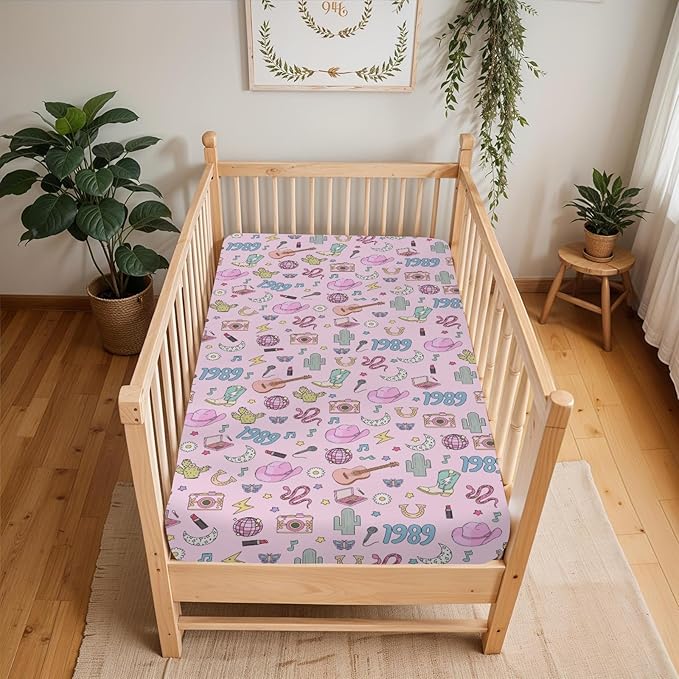 Cute Music Star Era Western Baby Crib Sheets for Boy Girl 52"x28" Desert Country Cactus Moon Soft Stretchy Fitted Crib Mattress Covers 90s Cowgirl Disco Baby Sheet for Crib and Toddler Bed Mattress
