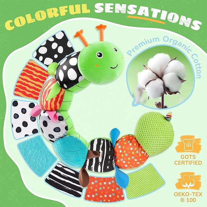 Baby Toys 6-12 Months Music Caterpillar,Stuffed Animals Infant Toys 0-3-6 Months,Baby Sensory Toys Tummy Time with Crinkle Rattle Teething Toys for Newborn Boys Girls Gifts Birthday|Grass Green