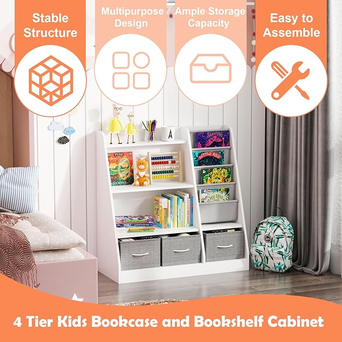 HedoAjim White Kids Bookshelf Wood Toy Storage Organizer Cabinet Children Bookcase Toddler Baby Sling Book Rack 3 Cube Bins Fabric Drawers for Playroom Bedroom Nursery School