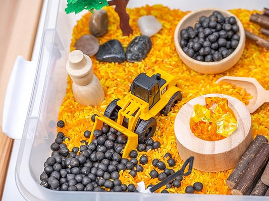 Construction Sensory Bin Kit for Kids – Taste-Safe Rice, Realistic Rocks & Logs, Durable Wooden Tools & Vehicles – Includes Storage Bin – Montessori-Inspired Sensory Play