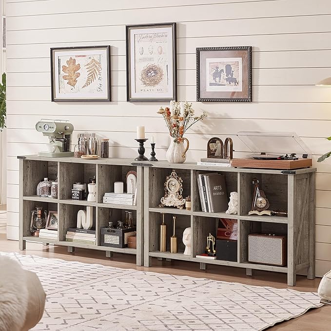 Joaxswe Farmhouse 6 Cube Bookshelf, Rustic Grey Oak Wooden Storage Organizer Book Shelf, 47 Inch Cubby Hallway Bookcase, Kids Toy Storage Cabinet, Modern Open Book Case for Living Room, Hallway