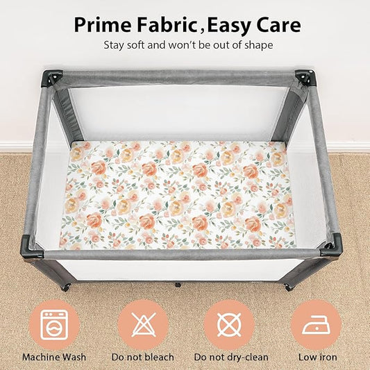 Baby Mini Crib Sheets Girl, Portable 38”x26” Pack and Play Sheets Fitted for Playard and Pack N Play Mattress, 3-Pack Soft Microfiber Orange Watercolor Flower