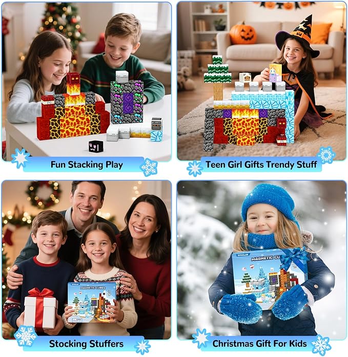 Winter Christmas Magnetic Blocks for Kids Ages 3-10 - Magnetic Building Tiles - STEM Educational Sensory Toys for Kids Ages 3-5 4-8, Holiday Birthday Gift for Girls & Boys