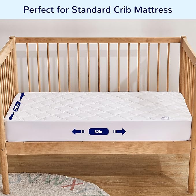 SLEEP ZONE Waterproof Crib Mattress Protector 1 Pack, Elastic Fitted Twin Mattress Pad Ultra Soft and Breathable, Machine Washable Mattress Cover for Standard Baby Crib Size 52''x28'', Pure White