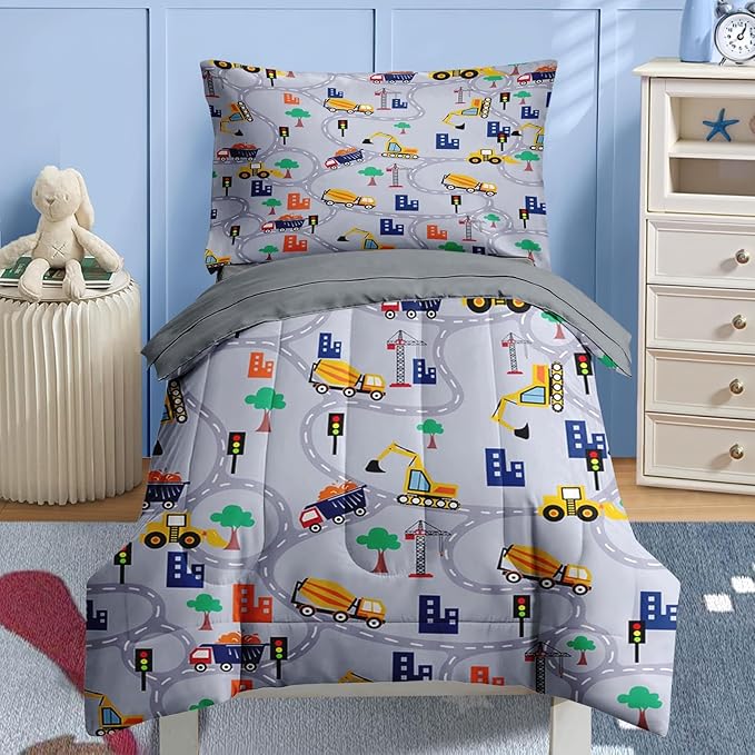 Nesker 4 Pcs Comforter Set Toddler Size, Construction Vehicles Car Bedding for Kids Teen, Town Tree Truck Bedding Set with Pillowcase & Sham