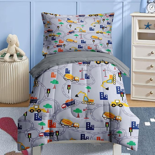 Nesker 4 Pcs Comforter Set Toddler Size, Construction Vehicles Car Bedding for Kids Teen, Town Tree Truck Bedding Set with Pillowcase & Sham