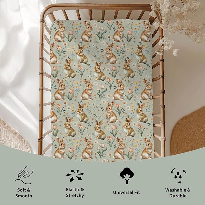 Vintage Rabbit Floral Baby Crib Sheets for Boy Girl 52"x28" Spring Bunnies Flowers Soft Stretchy Fitted Crib Mattress Cover Easter Bunny Wildflowers Baby Sheet for Standard Crib & Toddler Bed Mattress